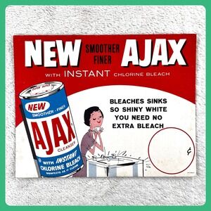 1950s Ajax Cleanser Bleach Vintage Advertising Sign 14" Cardboard Store Display